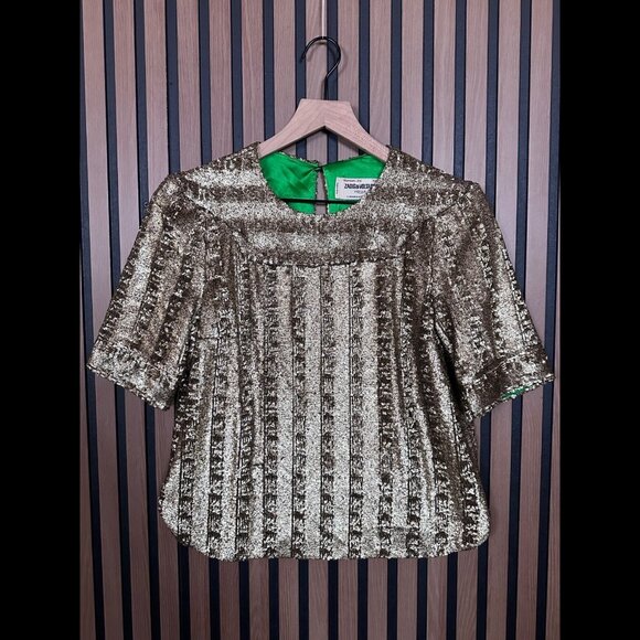 Zadig & Voltaire Top Small Gold Bronze Toysse Sequined Blouse Defile Cocktail - Picture 1 of 8